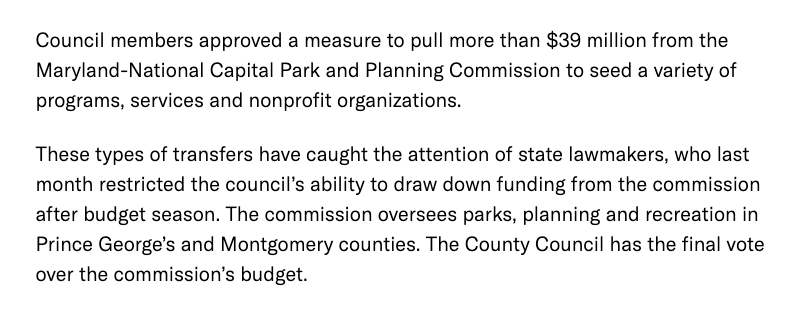 mitchryals's tweet photo. After several delays, and without three council members, the Prince George's County Council passed its $6B budget this week. But a $39M transfer from the Parks/Planning Commission is raising eyebrows. From @conarck and @jckhogan https://t.co/FJnK78UQTw