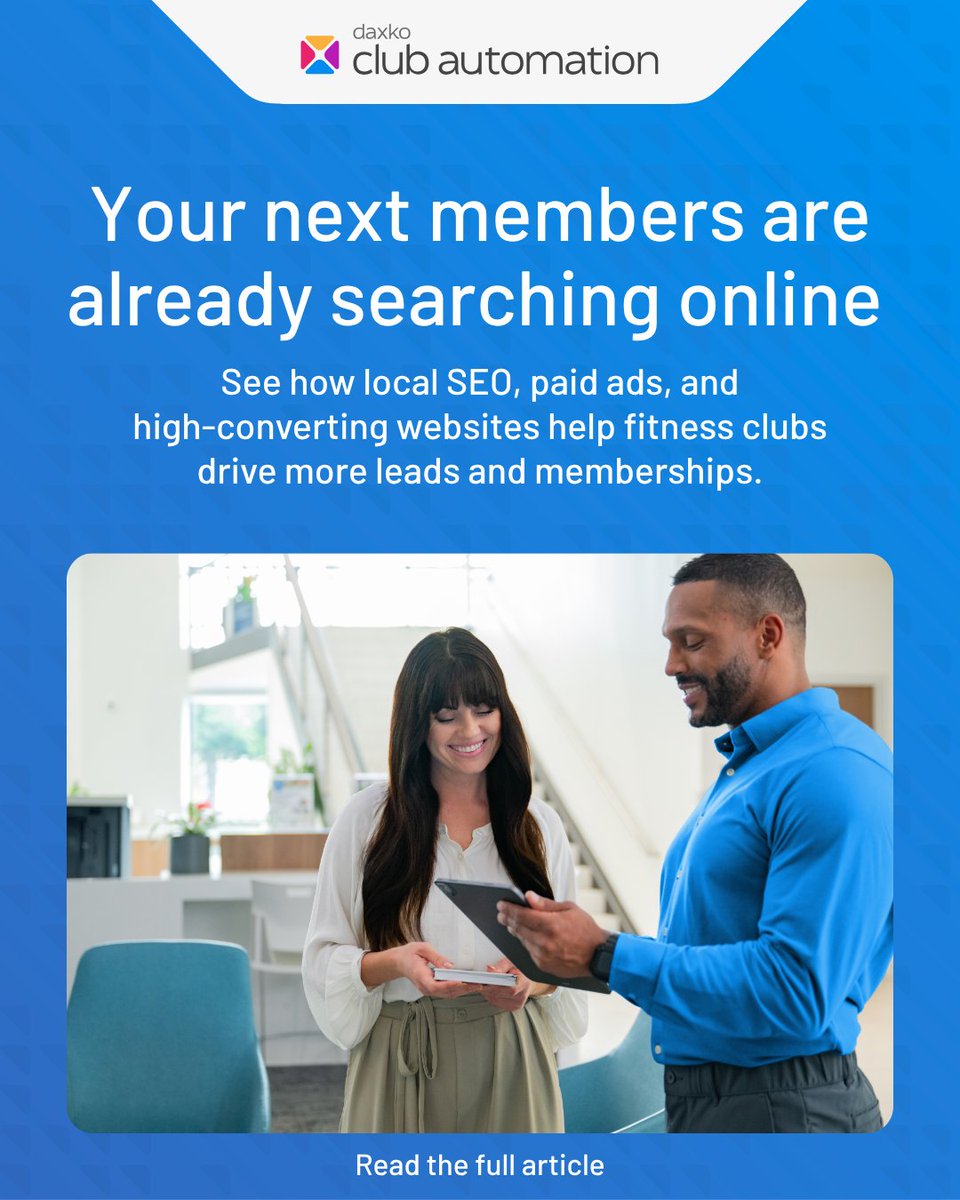 ClubAutomation's tweet photo. Most fitness clubs don't have a visibility problem.

They have a discoverability problem.

When someone searches "gyms near me," your club competes for attention before a tour is ever booked.

Local SEO + paid ads + a converting site.
https://t.co/9YUp5RU4wn

#GymMarketing https://t.co/SE1EghpWxe