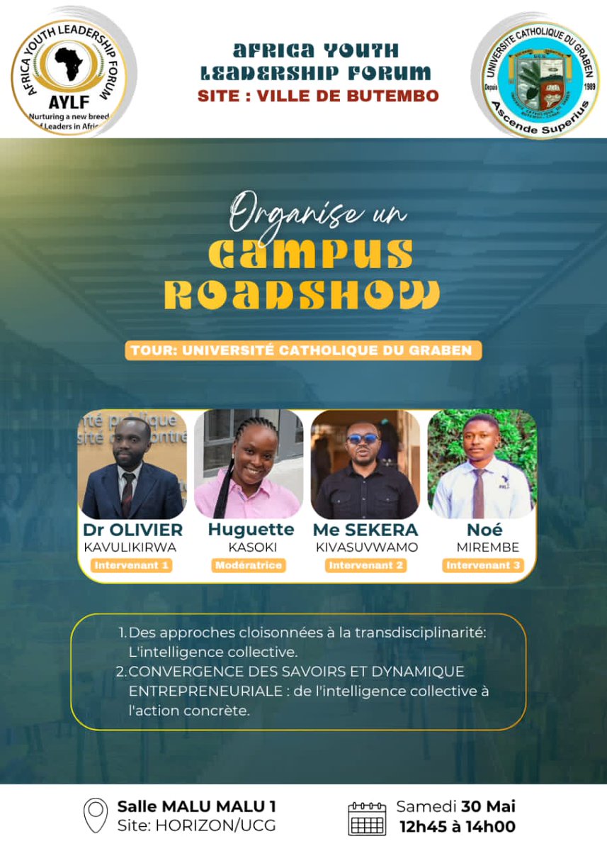 DuGraben's tweet photo. 📢 Double rendez-vous scientifique à l’UCG ce samedi 30 mai 2026 !L'Université Catholique du Graben vous invite à participer à deux activités scientifiques majeures :🔹 Campus Roadshow – Africa Youth Leadership Forum (AYLF)
Thème : De l'intelligence collective à l'action entrepreneuriale
📍 Salle Malu Malu I (Site Horizon)
🕧 12h45 – 14h00🔹 Conférence de la Journée mondiale de l’abeille
Thème : « Célébrons les gardiennes silencieuses de notre biodiversité »
📍 Salle S1 ITAV
🕐 13h00 – 15h00Deux occasions de réfléchir, apprendre et échanger autour de l'innovation, du leadership, de l'entrepreneuriat et de la protection de notre biodiversité.🎓 Étudiants, enseignants, chercheurs et grand public, vous êtes les bienvenus !#UCG #Recherche #Innovation #Leadership #Entrepreneuriat #Biodiversité #JournéeMondialeDeLAbeille #AYLF #Butembo