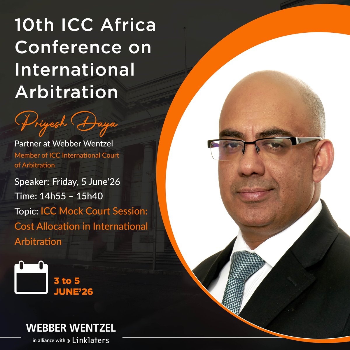 webberwentzel's tweet photo. Webber Wentzel partner Priyesh Daya (Member of the ICC Court of Arbitration) will be attending the 10th ICC Africa Conference on International Arbitration, hosted by ICC Arbitration, taking place from 03–05 June 2026.

Priyesh Daya will also be speaking at the conference, presenting on the ICC Mock Court session on the topic: “Cost allocation in international arbitration.”

The conference brings together arbitration practitioners, industry leaders and stakeholders from across the continent and beyond to discuss key developments in international arbitration, including procedural innovations, cost allocation, and emerging trends shaping dispute resolution. The programme will provide valuable opportunities for collaboration, knowledge sharing and networking within the arbitration community.

Find out more: https://t.co/SNTzOnXlsM

#ICCAfrica #InternationalArbitration #ICCArbitration
