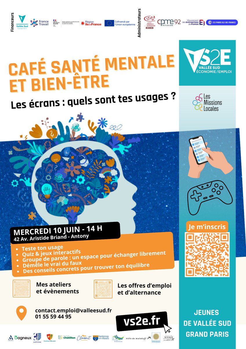 vallee_sud's tweet photo. Le 10 juin à @VilleAntony, le Café Santé Mentale : spécial écrans propose aux 16-30 ans un temps d’échange autour de notre rapport au numérique. Discussions, activités interactives et conseils concrets pour mieux comprendre ses usages.
+ d'infos : https://t.co/SRopWIGYrw https://t.co/PZbMhjeFjs