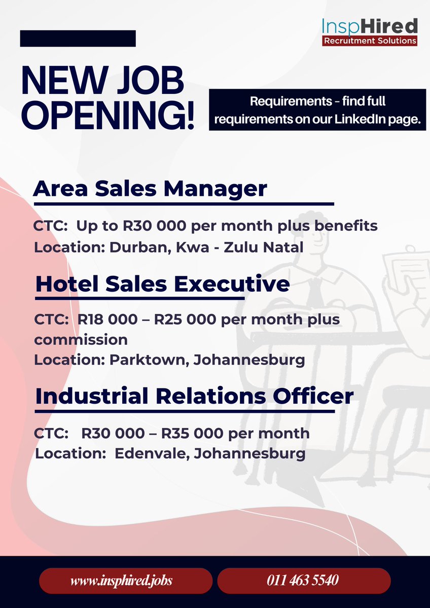 InspHiredSA's tweet photo. 📢 JOB OPPORTUNITIES
Hotel Sales Executive – Parktown
https://t.co/m7mltqZ3ch
#HospitalityJobs

Area Sales Manager – Durban
https://t.co/LaYWEumfKQ
#FMCGJobs

Industrial Relations Officer – Edenvale
https://t.co/m7mltqZ3ch
#FMCGJobs

🔗 LinkedIn: https://t.co/9lxR7IueSY https://t.co/0mFy9rCivc