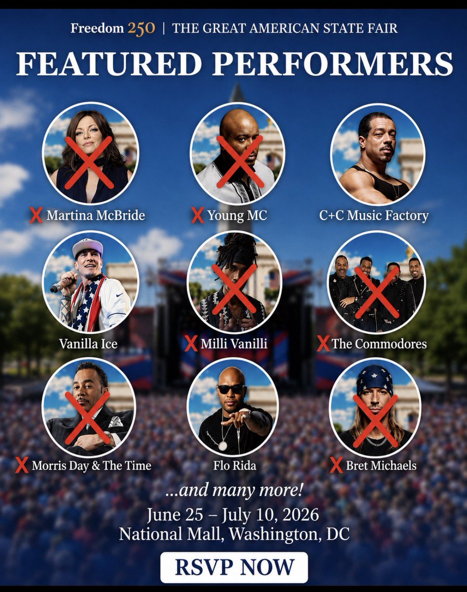 JonesJones48712's tweet photo. @Bubblebathgirl You keep calling it a safety issue, but six performers have already dropped out. Maybe stop blaming liberals and consider the possibility that people simply don’t want to be associated with MAGA. I mean, these were the bottom-of-the-barrel performers already 😂 https://t.co/ILNTLPlIQD