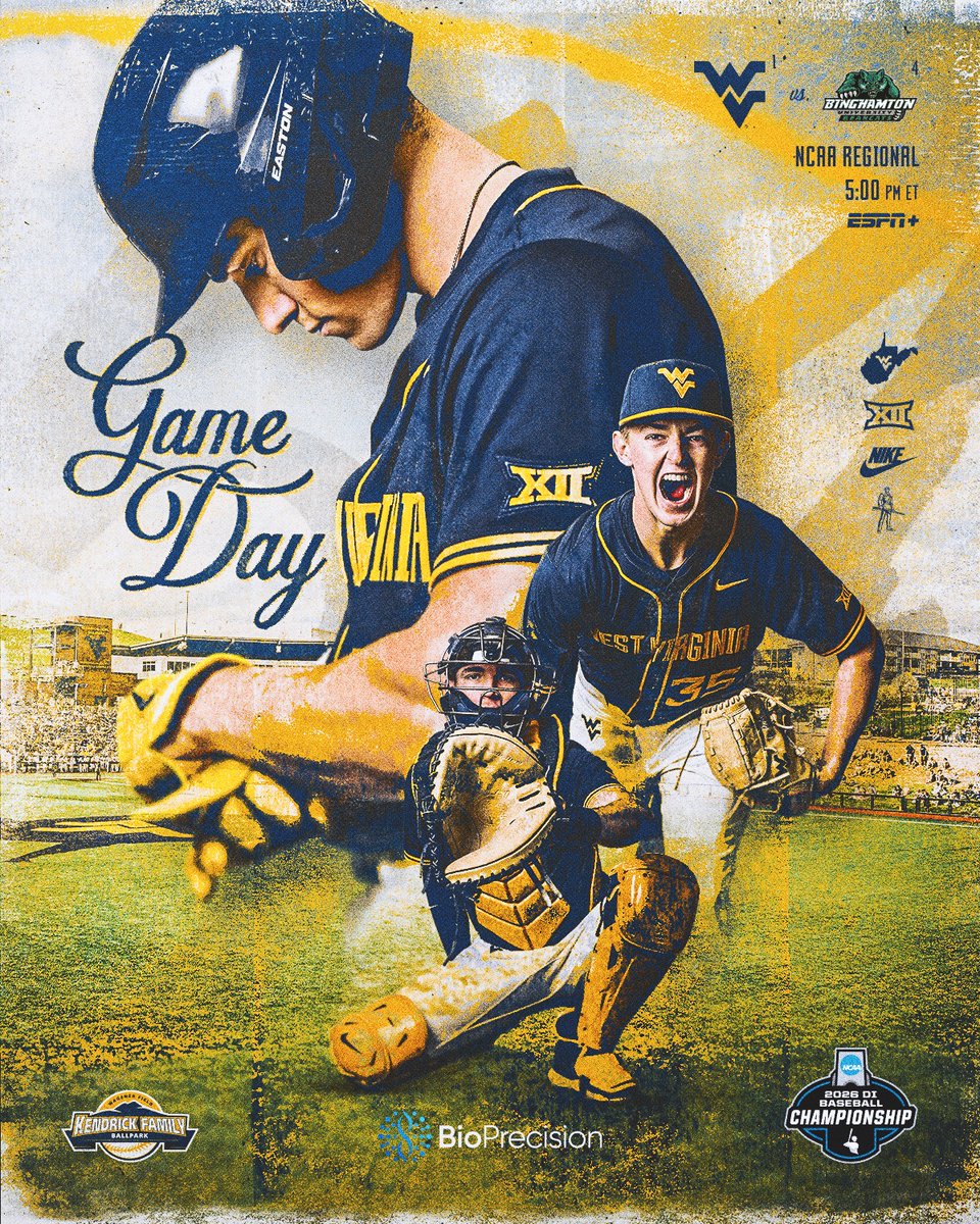 WVUBaseball's tweet photo. Game Day!

🆚 Binghamton
⚾️ NCAA Regional
⌚️ 5 p.m.
📍 Morgantown
🏟️ Kendrick Family Ballpark
📺 https://t.co/FLO2LgEEFR
📻 https://t.co/0ck5DY2Fbd
📊 https://t.co/N1ZbZywzC4

#HailWV https://t.co/A2ErEFOXdC