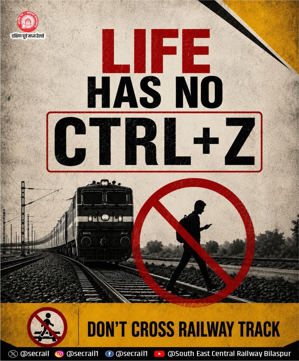 secrail's tweet photo. Life Has No Undo!
रेलवे ट्रैक पार करना जानलेवा हो सकता है। हमेशा फुट ओवर ब्रिज या निर्धारित मार्ग का ही उपयोग करें।
#UseFOB #SafetyFirst #SECR #IndianRailways https://t.co/zltyKiDgvr