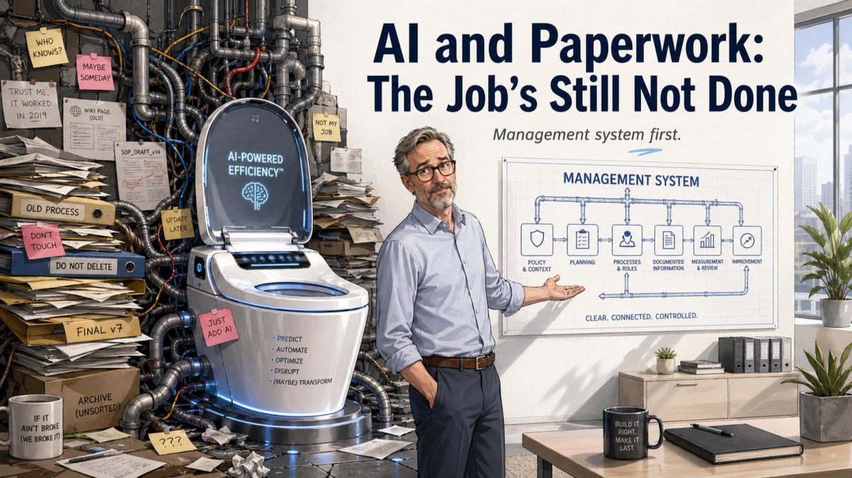 MindMagine's tweet photo. Installing AI on broken documentation = gold-plated toilet, no plumbing.  
Before you deploy another copilot: → Who owns the outcome? → Who maintains the knowledge? → Who deletes the junk? 
That's USM thinking.  
Article: https://t.co/v5So8pFISv
Course: https://t.co/lzcLIMAzGE https://t.co/8gap5SXBNB