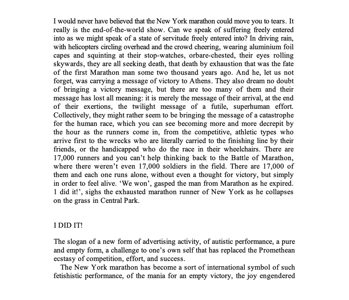 robarcand's tweet photo. some days you're regular, some days you're jean baudrillard moved to tears by the new york marathon https://t.co/R6bcqfMOyA