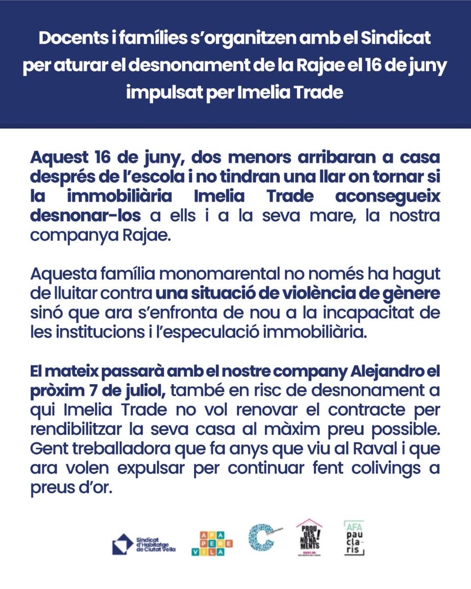 CiutatVellaSHSC's tweet photo. 🏠 Docents, escoles i treballadors ens organitzem contra el desnonament de la Rajae el 16 de juny al Raval, amb dos fills a càrrec. Ens neguem que dos nens de una familia treballadora tornin del col·legi i no tinguin on anar.

Tothom a la porta de la Rajae el 16 de juny al Raval: https://t.co/lnSj88hkbY