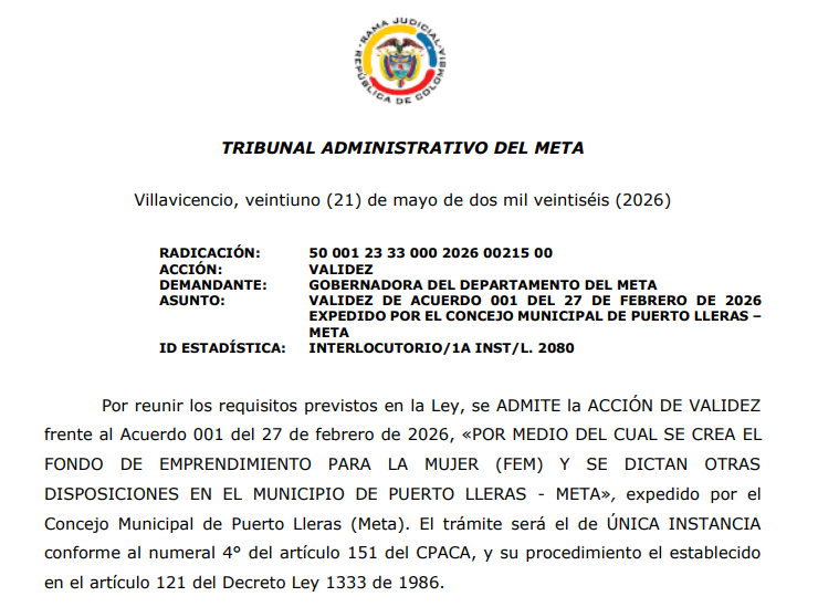 TADMETA's tweet photo. @TADMETA Publica Auto Admite medio de control ACCIÓN DE VALIDEZ de la GOBERNADORA DEL DEPARTAMENTO DEL META frente al Acuerdo Municipal No. 001 del 27/feb/2026 expedido por el Concejo Municipal de Puerto Lleras, Meta. Para más información accede el enlace https://t.co/Cey5JxrOKY https://t.co/cWXC6Z2upm