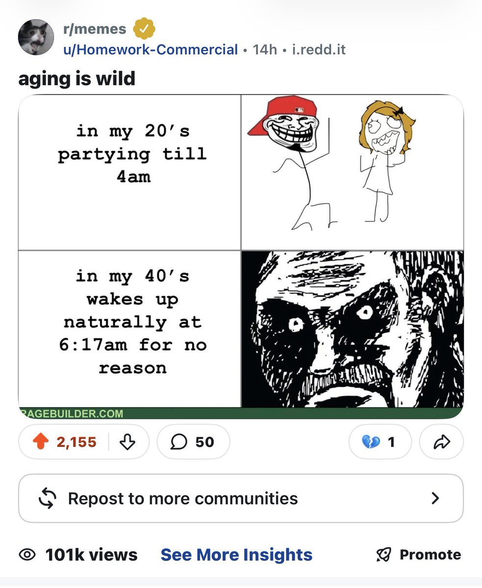 kennrocket's tweet photo. wanted to post this before going to work.

literally made this meme last night on https://t.co/C6SsSxWkjY and it already pulled 100k+ views on Reddit.

relatable memes still win.

no forced narratives. no AI slop.

just internet culture people actually connect with.

@Reddit knows.

$RAGE solana:5UUH9RTDiSpq6HKS6bp4NdU9PNJpXRXuiw6ShBTBhgH2 @RAGEMAKER_NET ✊🤬