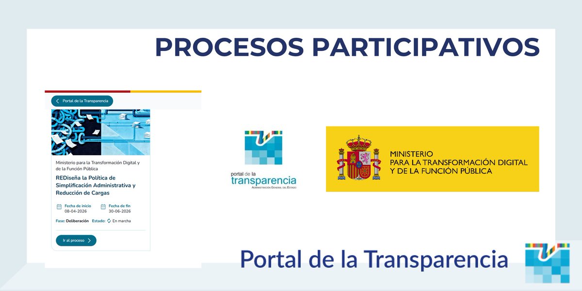 transparencia_e's tweet photo. ⏰ Hasta el 20/06/2025 se puede participar en el Proceso REDiseña la Política de #SimplificaciónAdministrativa y #ReducciónDeCargas del @mintradigital
👉 Dispones de toda lainformación en: https://t.co/KNkBfeKPxo https://t.co/9tgp6ui6b0