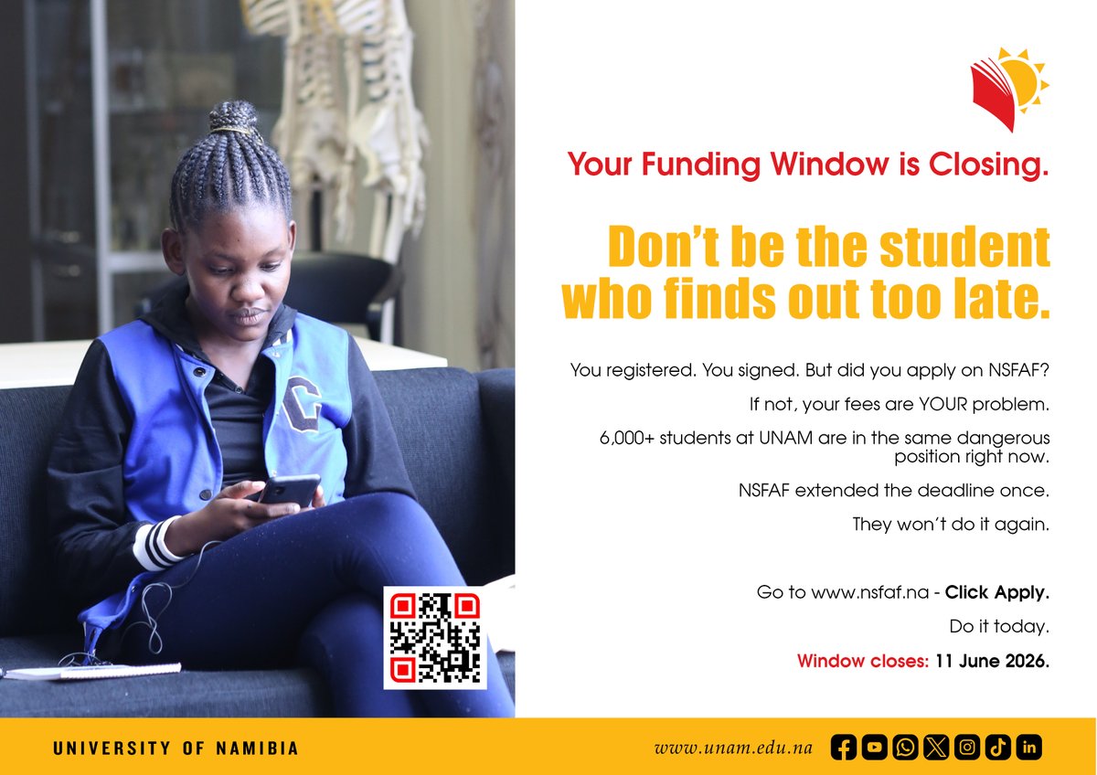 unam_na's tweet photo. Your funding window is closing:

Don’t be the student who finds out too late.

Apply now on the @NSFAF website. https://t.co/9soUVFcnQa