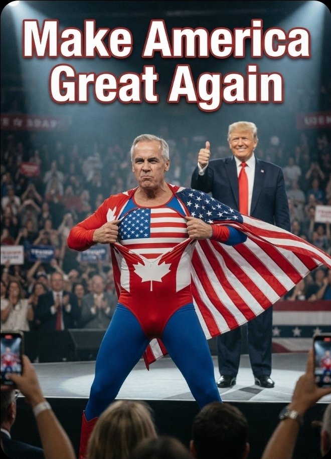 saskatchewan_in's tweet photo. Carney spent an entire campaign presenting himself as the sophisticated adult in the room, the steady hand who could manage Canada's relationship with Washington.

Then he wandered onto a stage and started talking about making America great again.

At this point, Canadians need a scorecard, a flowchart, and possibly one of those airport baggage trackers just to keep up with where the messaging has gone.

One week it's "Canada First."
The next it's "Make America Great Again."

By midsummer we'll probably be told the fastest way to strengthen Canada is to mow North Dakota's lawn and rotate its tires.

The truly remarkable part is watching the same people who spent a decade treating "MAGA" like it was a communicable disease suddenly explain that this MAGA is different. 
Cleaner. Safer. Government inspected. Recommended as part of a balanced political diet.

It's a bit like spending ten years campaigning against arson, winning office on a promise to stop fires, then standing in the front yard with a flamethrower explaining that this is actually a completely different kind of combustion.

Politics really is a wild ride.

A phrase that was supposedly an existential threat to civilization yesterday becomes visionary leadership today, provided the right person is reading it off the teleprompter.

Somewhere out there, irony is sitting at the kitchen table with a cigarette, a cold cup of coffee, and a look that says, "I leave you people alone for five minutes..." 🇨🇦😂