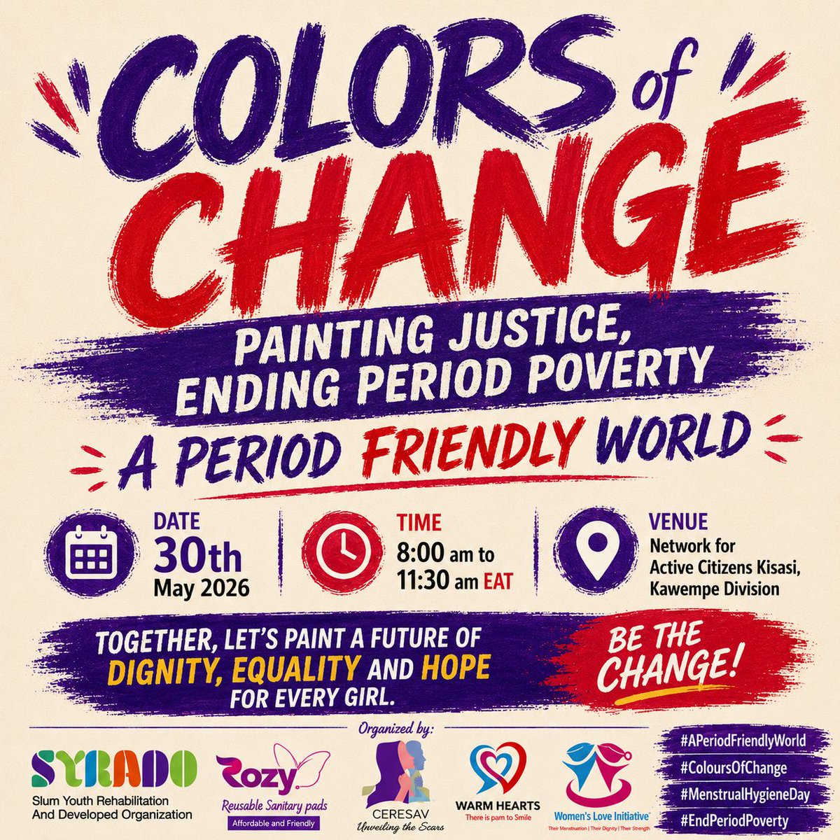 syradouganda's tweet photo. Who else is ready for tomorrow?
The excitement is real as we count down to Colors of Change! Tomorrow we come together to raise awareness, #breakStigma, promote menstrual #
equity, and inspire change in our communities. https://t.co/hDnfIAinWZ
