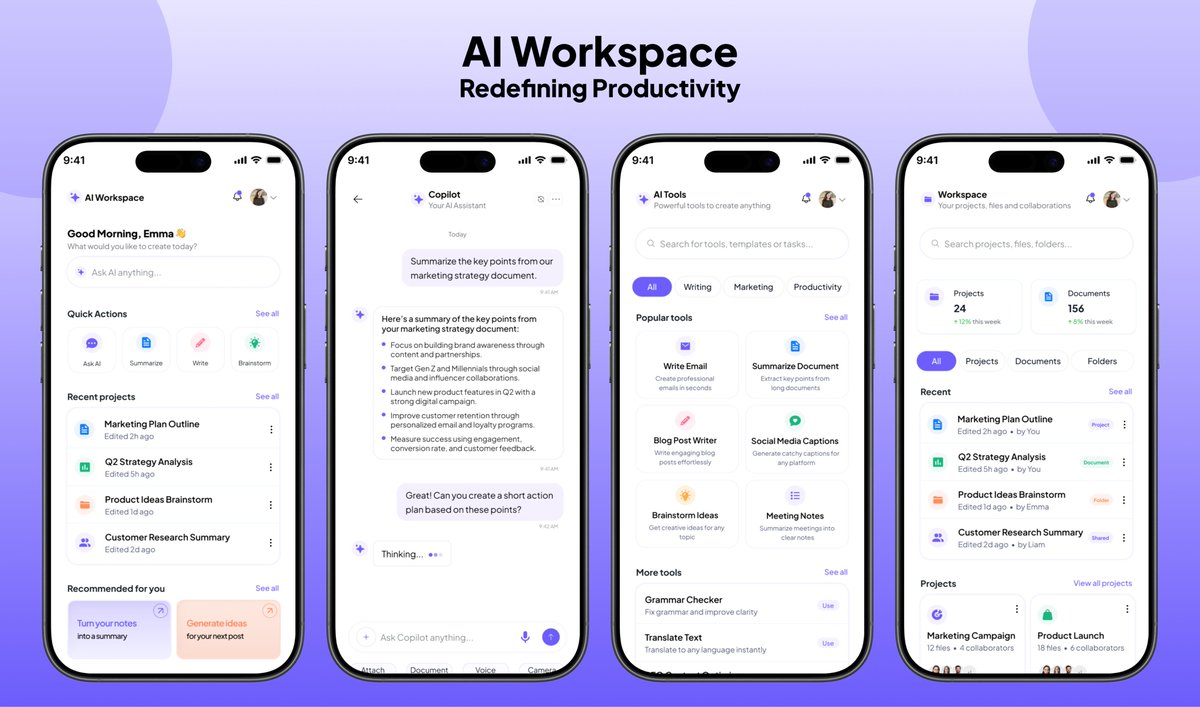 ensuesoft's tweet photo. Designed a minimal AI productivity mobile app concept ✨

AI Workspace combines:
🤖 AI Copilot chat
⚡ Smart productivity tools
📂 Workspace management
🧠 Faster content creation

Focused on creating a clean AI-first experience with a premium minimal UI.

What do you think? 👇

#UIDesign #MobileAppDesign #AI #ProductDesign #Figma #Ensuesoft