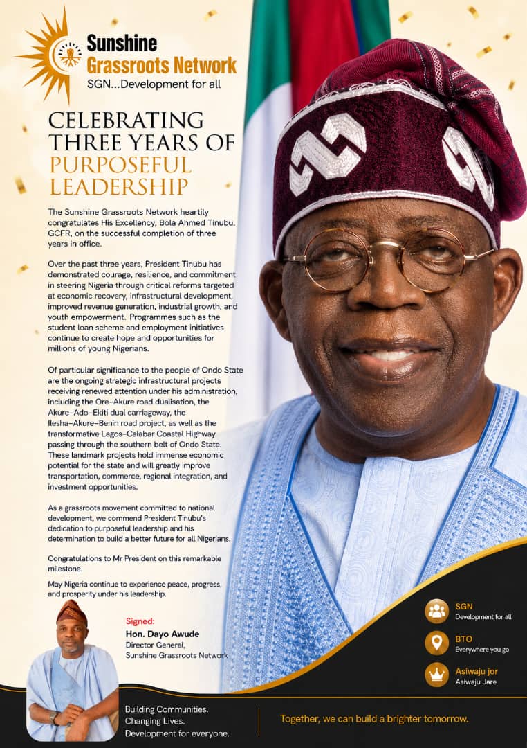 grassroots33766's tweet photo. @officialABAT CELEBRATING THREE YEARS OF PURPOSEFUL LEADERSHIP

The Sunshine Grassroots Network heartily congratulates His Excellency, Bola Ahmed Tinubu, GCFR, on the successful completion of three years in office. https://t.co/teHZYUFjeX