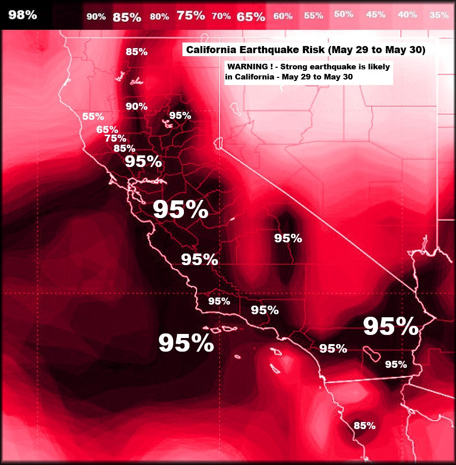Quakeprediction's tweet photo. 5.0+ earthquake is likely in the San Francisco Bay. Most likely May 29th to May 30th. Please see forecast maps. https://t.co/29sEsHcPaA