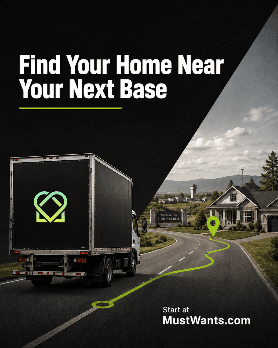 MustWants's tweet photo. To which base do you move next? Find your home with MustWants. Connect with vetted pros and get clear neighborhood info. Start your PCS journey today: https://t.co/n6bPr5BSMw #MilitaryMoves https://t.co/3Rhp6p3aw5