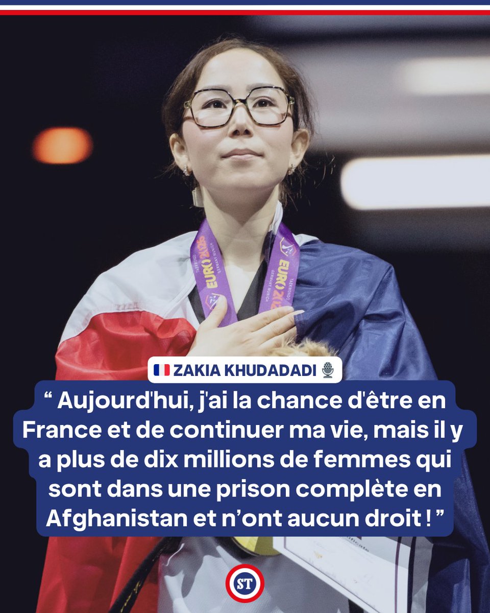 sportricolore's tweet photo. 🇫🇷 Le témoignage poignant de Zakia Khudadadi, récemment naturalisée française 🎙️

Tout juste sacrée championne d'Europe de para taekwondo, notre tricolore a tenu à alerter sur la situation gravissime dans son pays d'origine, l'Afghanistan.

Un entretien poignant à retrouver sur L'Équipe.

📸 FFTDA / Amandine Lauriol