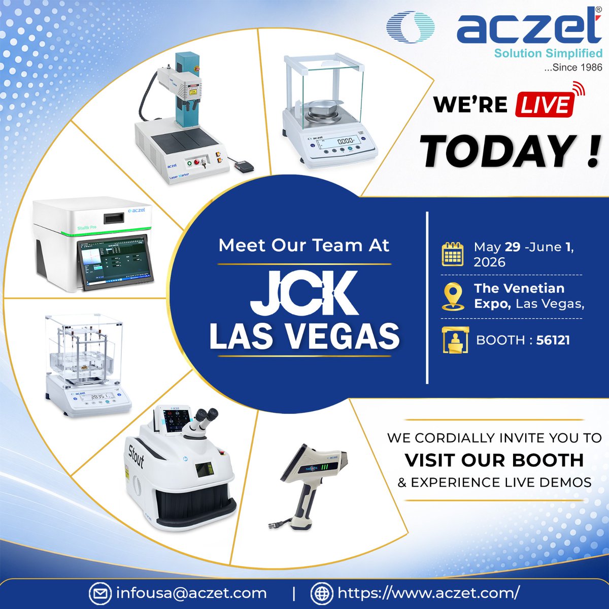 AczetLtd's tweet photo. LIVE at JCK Las Vegas! Booth 56121 – Experience Aczet cutting-edge lab solutions today!

#Aczet #JCK2026 #LabTech #Innovation #WeAreLive https://t.co/R1AHoKCcjc