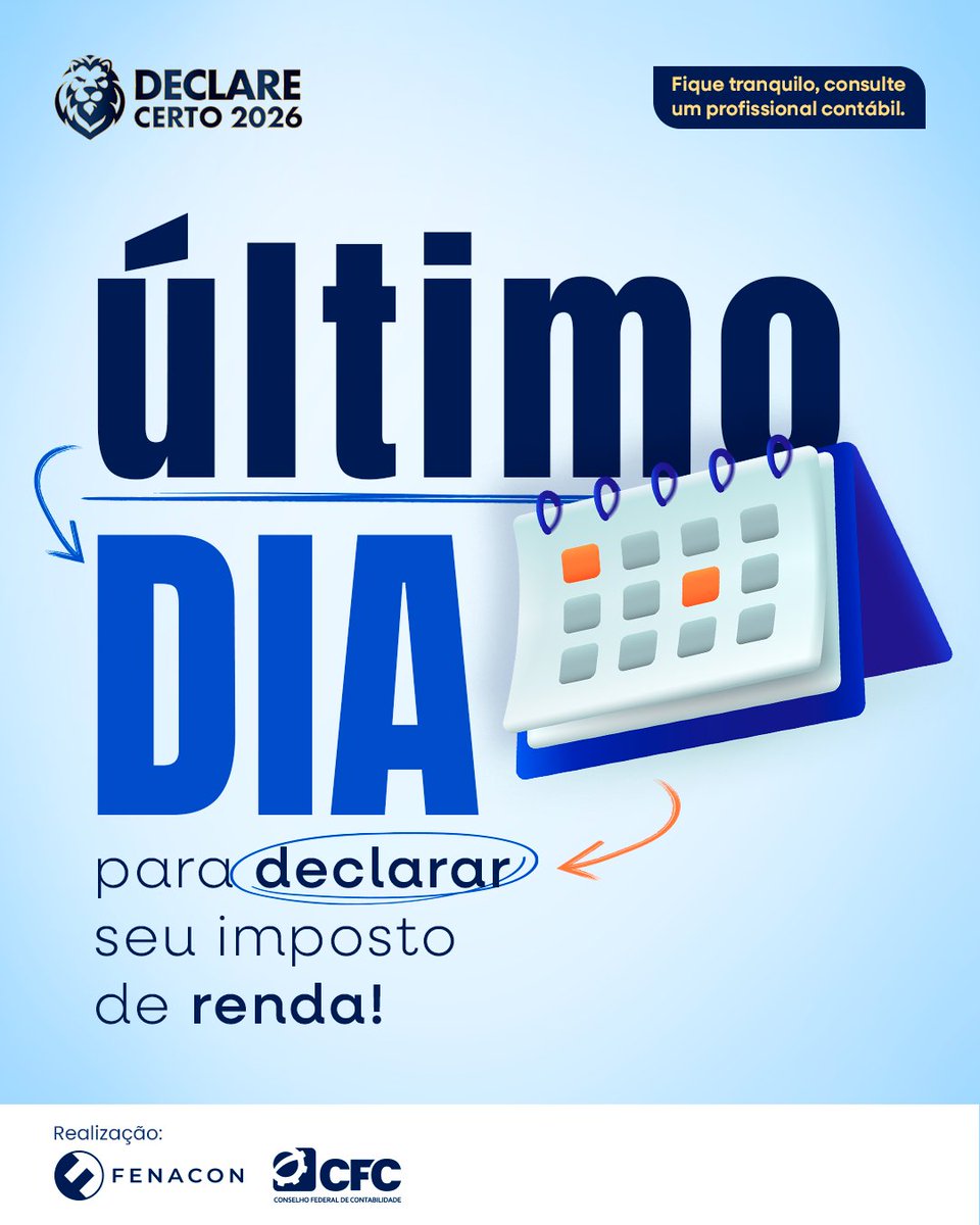 Fenaconfed's tweet photo. São as últimas horas para declarar o Imposto de Renda!

40 milhões de declarações já foram entregues e mais de 8,7 milhões de contribuintes esperam receber os valores do primeiro lote da restituição.

O relógio não para!

#DeclareCerto https://t.co/ky1jal6H8H
