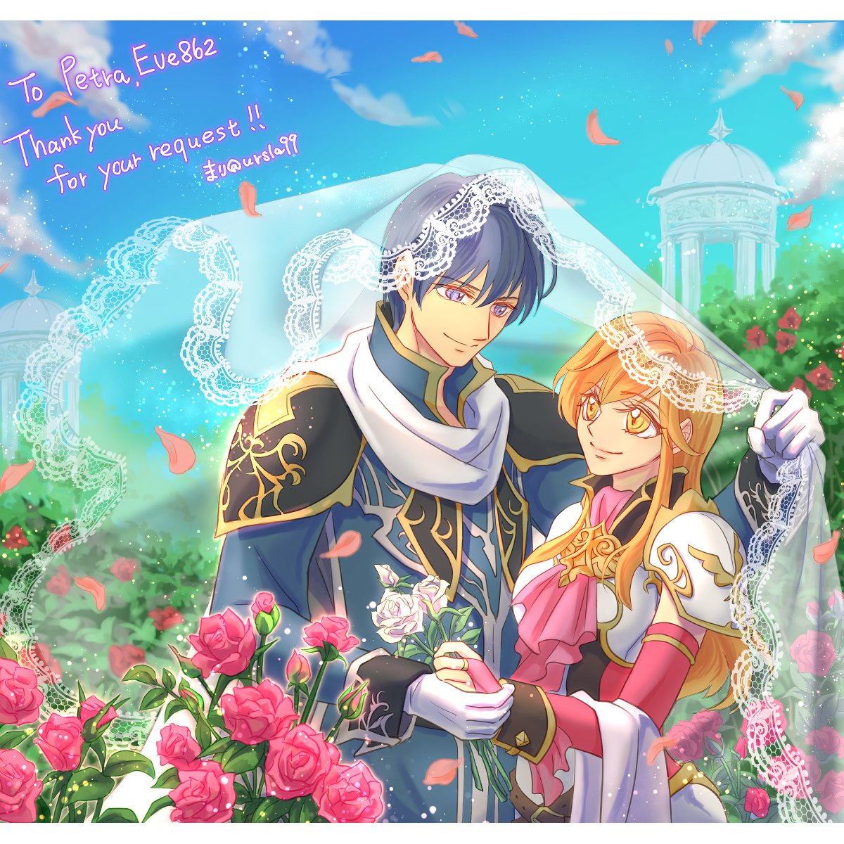ursla99's tweet photo. Skeb納品しました！
バラの花に囲まれたフィンとラケシスを描きました～🌹ご指定いただいたそれぞれのバラの色ごとに違う花言葉があって、全てがフィンラケに合っていて・・・解釈一致すぎる🥹✨素敵なリクエストありがとうございました🙏 https://t.co/sHDRzWldDX