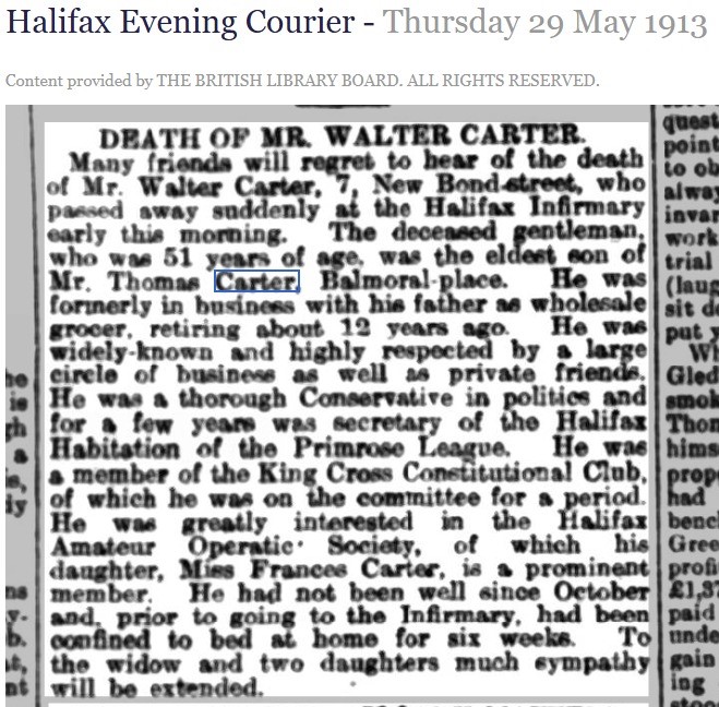 ListerLaneCem's tweet photo. Remembering Walter Lysaght Carter, who died on this day in 1913 at the age of 52. Walter's employment included that of provison merchant and latterly a manager at a furniture dealers. Interred with his parents Thomas (d. 1914) and Annie (d. 1915).  
Obit courtesy of @BNArchive https://t.co/dsIrdSfAcH