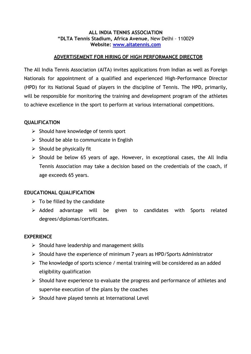 AITA__Tennis's tweet photo. AITA is hiring...🎾🇮🇳
Applications are invited for the post of High Performance Director.

Candidates with the required experience and vision are encouraged to apply as per the details mentioned in the advertisement.

#AITA  #TennisDevelopment #HighPerformanceDirector https://t.co/MaauByBt45