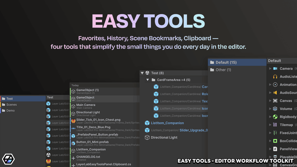 LayerLabGames's tweet photo. Spending more time on busywork than building your game? 😮‍💨 
Easy Tools cuts the repetitive Unity workflow tasks — organize, track, bookmark &amp; copy, all in one window.  

📷 https://t.co/z4hpTvXRoy 

#Unity #GameDev #IndieDev #UnityAssets #UnityEditor #madewithunity https://t.co/CrABMBqYXL