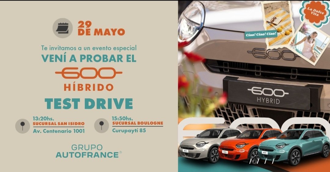 autoexecutiveAR's tweet photo. 🔴 Atención si andas hoy x San Isidro o Boulogne. 
Grupo Autofrance invita a test drive del *Fiat 600 Hybrid* 🇮🇹
☕ Coffee Experience!
*Completá el formulario 👇* https://t.co/O24tvEThnD https://t.co/Jqh5rG5Ogk