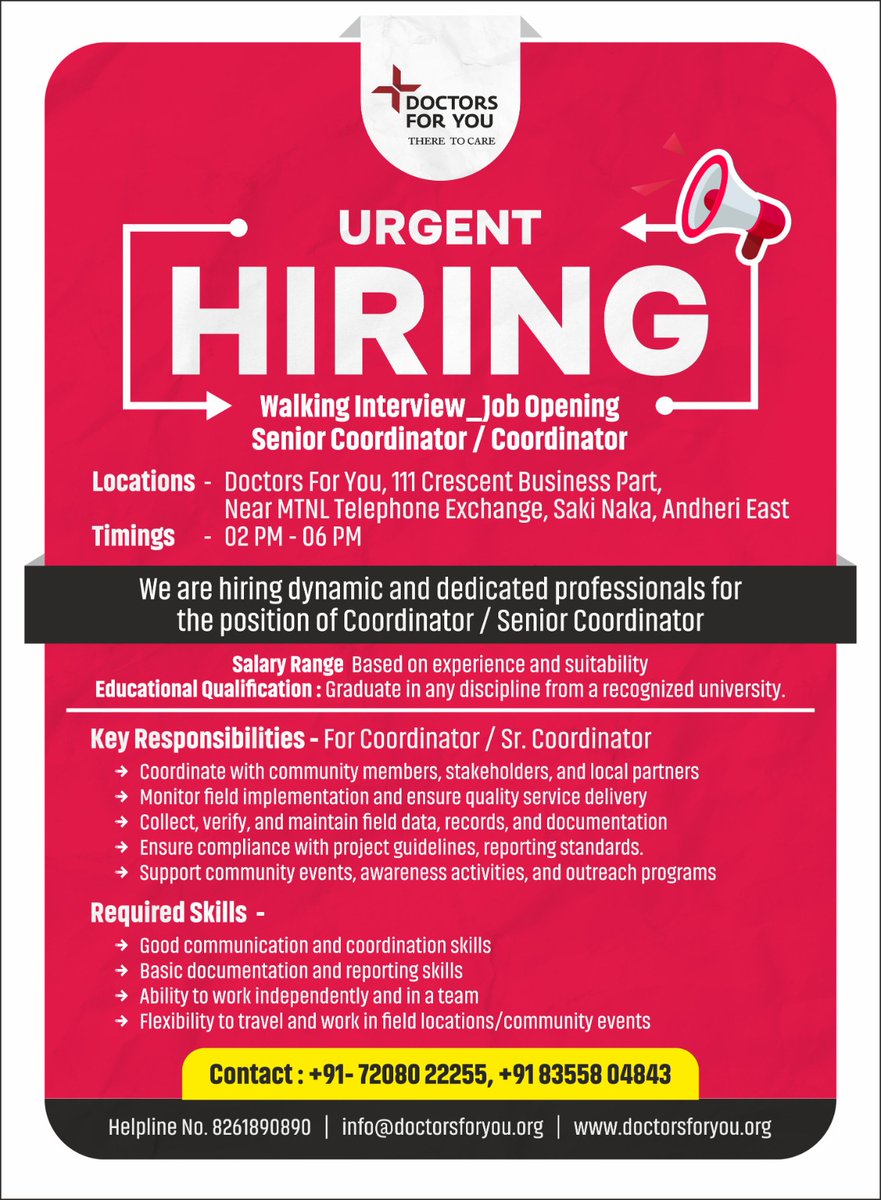 DFYIndia's tweet photo. 🚨 We’re Hiring!

@DFYIndia  is looking for passionate candidates for the roles of Front Desk Executive &amp; Coordinator / Sr. Coordinator.

📍 Saki Naka, Andheri East
🕑 Walk-in Interview: 02 PM – 06 PM
Join us and be a part of creating impact in healthcare &amp; communities. #Hiring https://t.co/GaViRcSTPi