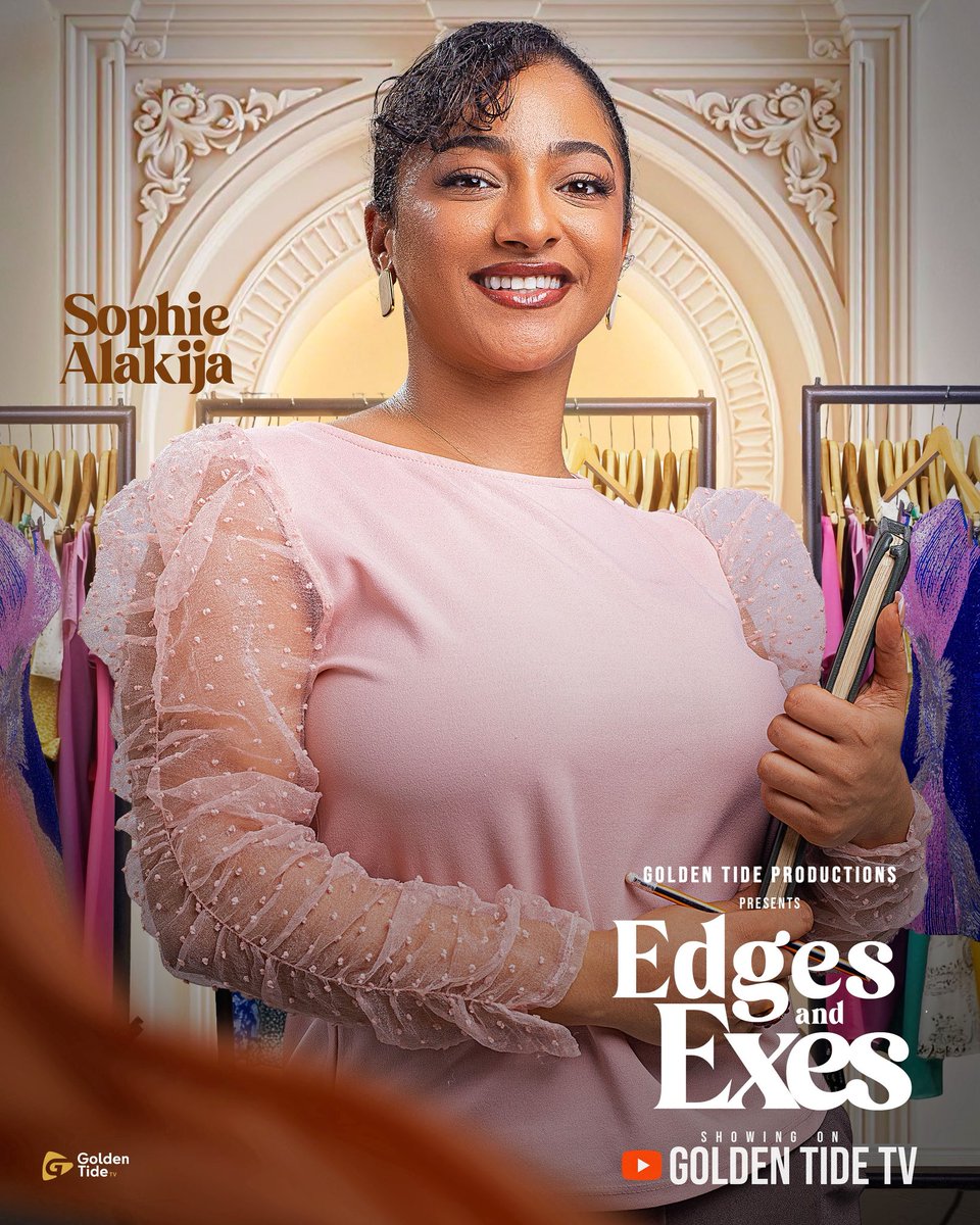 GoldenTide_TV's tweet photo. Meet Sophie Alakija as Kenny. She is ambitious, resilient, and determined to prove her competence at Elan Atelier. But beneath her will lies a past she thought she had left behind. 
Edges &amp; Exes drops today by 4pm on our YouTube channel GoldenTide TV. https://t.co/isMoYifpDo