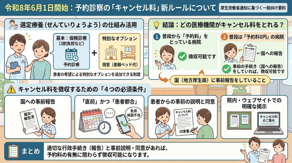 uh8888's tweet photo. 令和8年6月1日スタート：予約診察の「キャンセル料」新ルールについて

厚生労働省は、令和8年6月1日より、医療機関が患者から「予約診察の直前キャンセル料」を徴収することを正式に認める通知を出しました 。

これは、国の特別なルールである「選定療養（せんていりょうよう）」の仕組みを活用したものです 。選定療養とは、通常の保険診療（3割負担など）に、患者の希望による「特別なオプション（個室、予約診療など）」を追加できる制度を指します。

💡 結論：どの医療機関がキャンセル料をとれる？

普段から「予約料」をとっている病院： 徴収可能です 。

普段は「予約料0円」の病院： 事前の手続き（国への報告）をしていれば、徴収可能です 。

普段から追加の予約料をとっているかどうかにかかわらず、国（地方厚生局）に「予約に基づく診察を行います」という報告をあらかじめ提出している医療機関であれば、キャンセル料を設定することができます 。

⚠️ キャンセル料を徴収するための「4つの必須条件」
通常の保険診療の予約に対して、病院が独自の判断だけで自由にキャンセル料をとることは禁止されています。以下の要件をすべて満たしている場合のみ、徴収が認められます。

1.　国（地方厚生局）への事前報告 選定療養のルールに従って「予約に基づく診察」を行う旨の届出・報告を事前に済ませていること 。

2.　「直前」かつ「患者都合」のキャンセルであること 診察日の直前に、患者側の個人的な理由でキャンセルされた場合に限ります 。

3.　患者からの事前の説明と同意予約を受け付ける段階で、「直前にキャンセルした場合はキャンセル料がかかります」と患者に明確に説明し、あらかじめ同意を得ていることが必要です。

4.　院内やウェブサイトでの明確な掲示発生する費用や条件について、院内の見やすい場所やホームページ上に分かりやすく掲載していることが義務付けられます。

📋 まとめ
今回の厚労省の通知により、適切な行政手続き（厚生局への報告）を行い、患者への事前説明と同意を徹底している医療機関であれば、予約料の有無を問わず、直前の身勝手なキャンセルに対して「キャンセル料」を請求する正当な権利が与えられることになりました 。