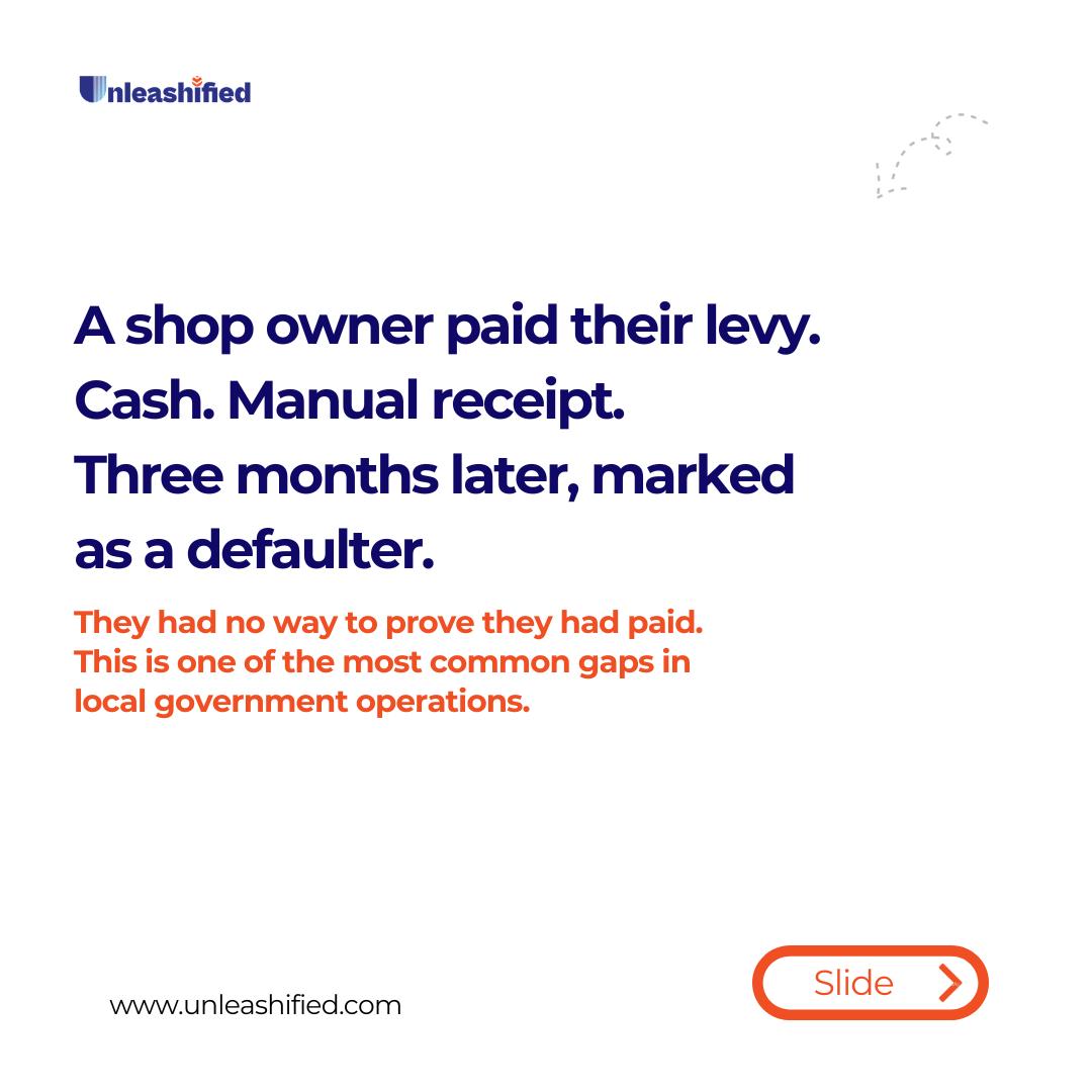 Unleashified's tweet photo. Paid the levy. Manual receipt.
Three months later you're marked as a defaulter.
No digital record. No way to prove otherwise.

LOGMAS: every payment tied to its transaction. Full audit trail.
This is what payment infrastructure solves.
#GovTech #NigeriaTech #LOGMAS #IGR https://t.co/DBEGjbzc3E