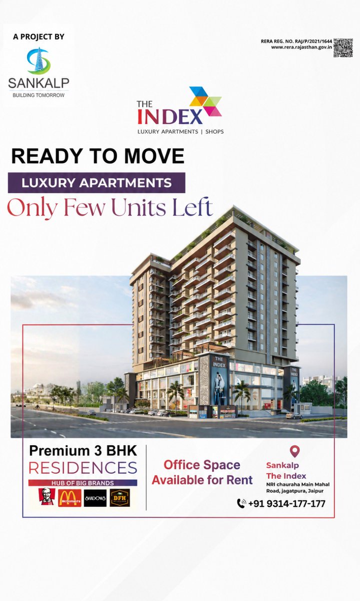 sankalp_builder's tweet photo. Ready-to-Move Luxury 3 BHK Apartments at The Index, Jagatpura
Prime location, premium lifestyle &amp; modern amenities. Limited units left!

Jagatpura, Jaipur
+91 9314-177-177

#TheIndexJaipur #LuxuryApartmentsJaipur #JagatpuraJaipur https://t.co/JEPXiGubXO