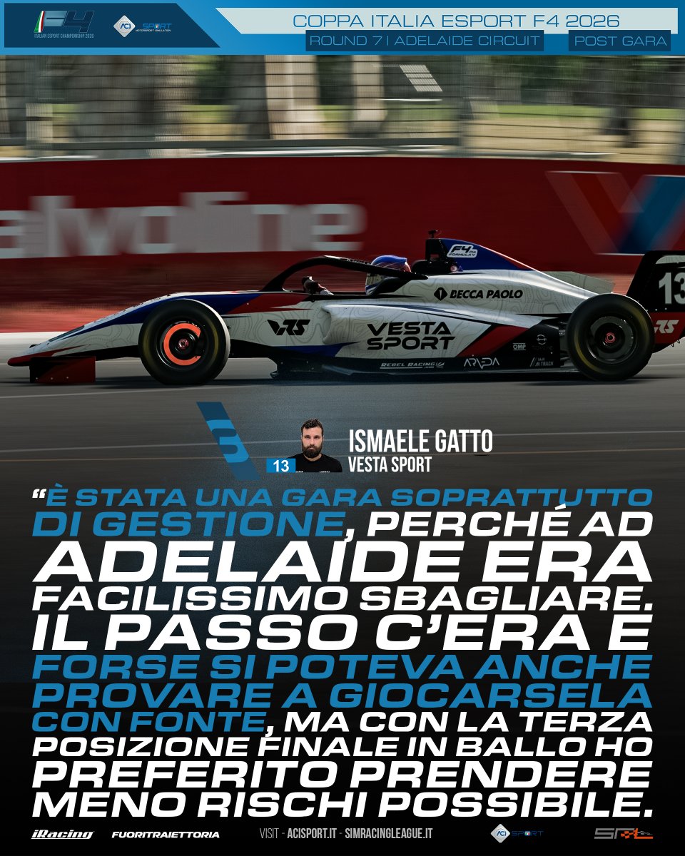SimRacingLG's tweet photo. Le parole di Ismaele Gatto dopo Adelaide: secondo posto, gara gestita con lucidità e pochi rischi su un tracciato dove l’errore era sempre dietro l’angolo.

#ACIESport #Formula4 #iRacing https://t.co/McDX3THkJm