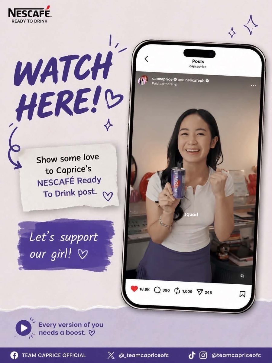 captrendsetter's tweet photo. Show some love and support for Caprice’s @nescapeph Ready To Drink post! Don’t forget to like, comment, and engage as we cheer on our girl ✨
🔗 ENGAGE HERE: https://t.co/zSjw32eCcF
#Nescafe #NescafeReadyToDrink #GetBackGetUp #NescafeHypesquad #TeamCapriceOfficial https://t.co/nlsZq3aXCO