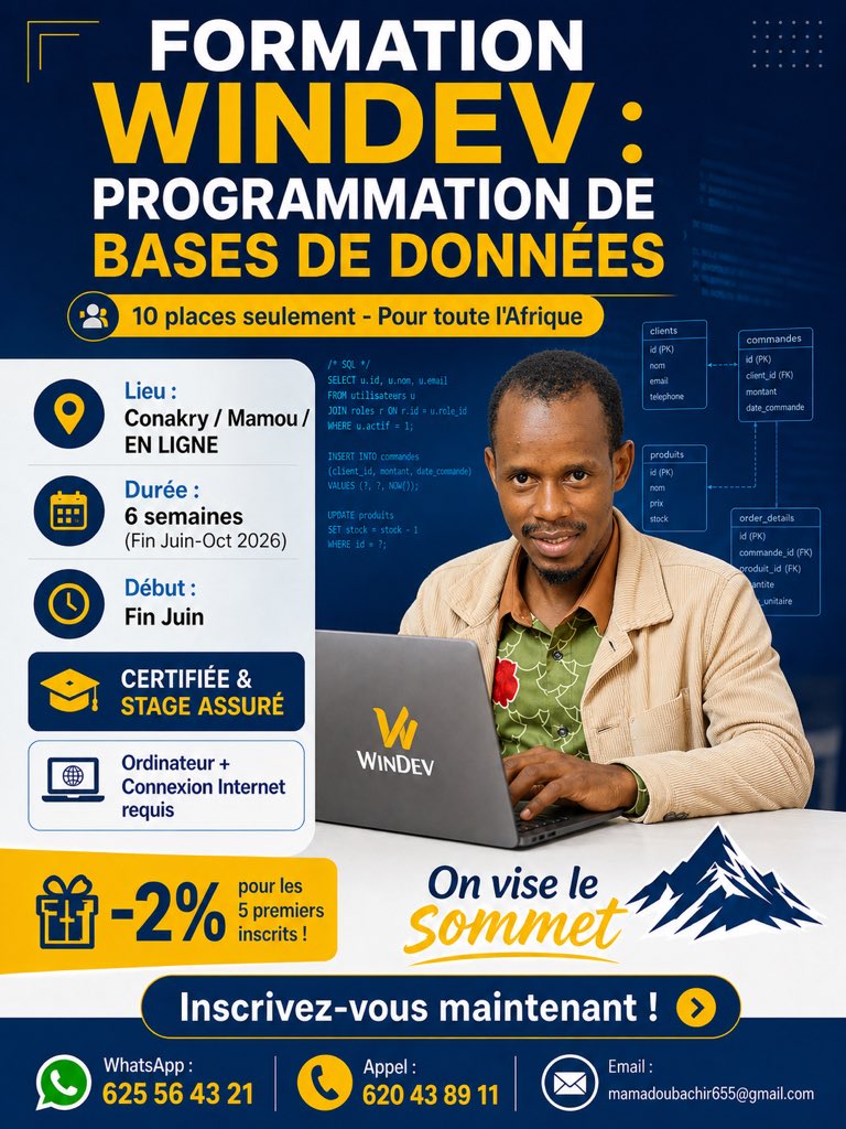 MuhammedBachirB's tweet photo. 🚨 Formation WINDEV : Bases de Données 

Tu veux apprendre à créer des apps de gestion et maîtriser SQL en 6 semaines ?

📍 EN LIGNE
📅 Début fin Juin 2026
🎓 Certifiée + Stage assuré
⚠️ Seulement 10 places pour toute l’Afrique
💻 Ordi + internet requis https://t.co/AX9H7gh8Sr