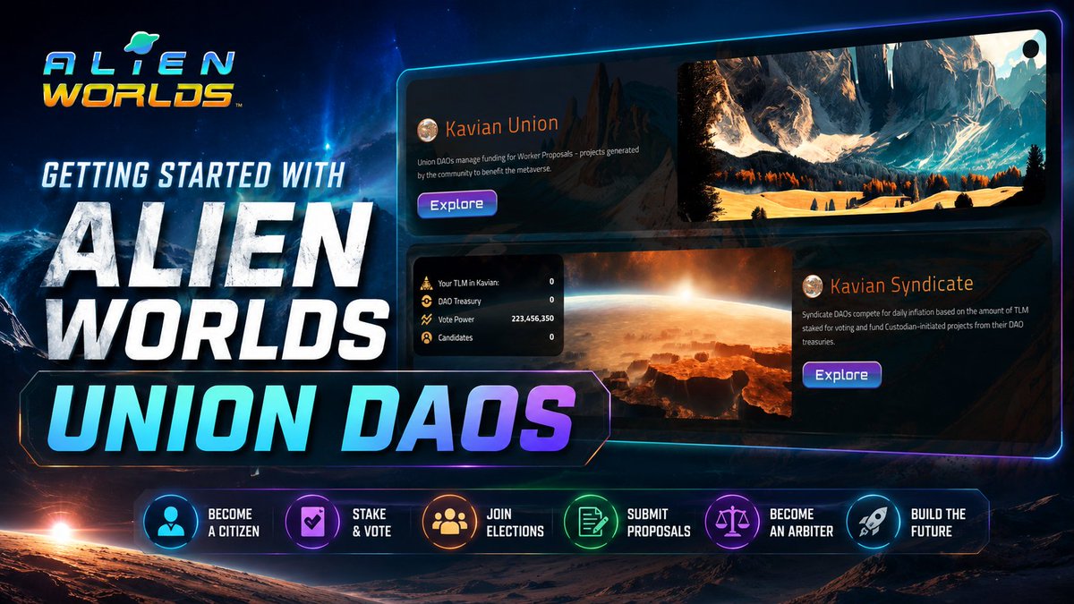 AlienWorlds's tweet photo. The Union DAOs open new ways to help shape the future of the metaverse.

Become a citizen, stake for vote power, participate in elections, support community initiatives, or take the next step and submit your own ideas through the Worker Proposal System.

Whether you're a creator, developer, builder, or community member with a vision, the Union DAOs provide opportunities to contribute and help bring new projects to life.

Ready to get involved?
Read the guide: https://t.co/DuRuwU0D97

#AlienWorlds #DAO #Web3Gaming #TLM #GameFi