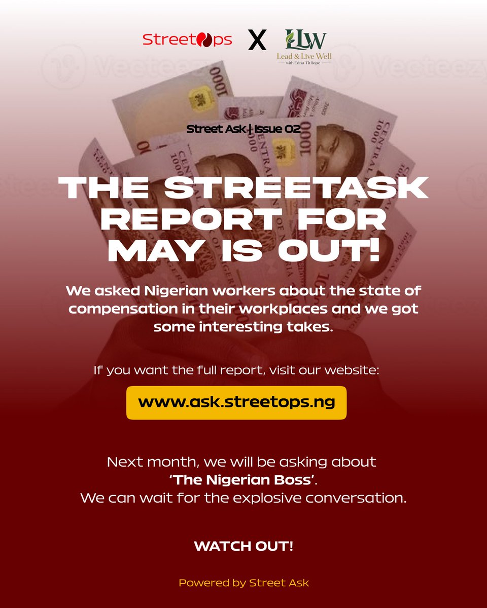 StreetOpsng's tweet photo. The Street Ask Report for May is out.

We asked Nigerian workers about the state of compensation in their workplaces. The responses were honest, eye-opening, and very telling.

Powered by Street Ask.
#StreetAsk #StreetOps #NigerianWorkplace #SalaryAndCompensation #LeadAndLiveWell https://t.co/ZcpRAnIqgC