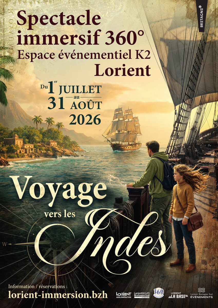 LorientAgglo's tweet photo. 🗺️ Voyage vers les Indes
🤩 Un spectacle immersif 360° à l’occasion des 360 ans de la ville de Lorient
🗓️ À découvrir du 1er juillet au 31 août
📍 Dans l'espace événementiel K2 à Lorient La Base
⚓ Plongez dans l'histoire de la Compagnie des Indes pour une traversée hors du temps https://t.co/qt0nH7FDoX