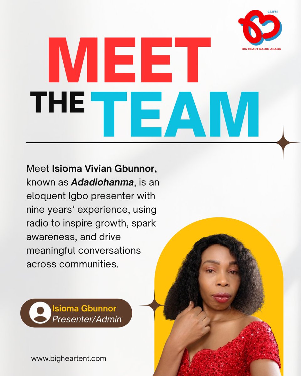 bigheartfmasaba's tweet photo. popularly known as Adadiohanma — an eloquent Igbo Language Presenter with a special focus on the Delta State Enuani dialect. ❤️🖤
These testimonies remain the driving force behind her dedication and continuous growth in broadcasting.
#BigHeart921FM  #IgboPresenter  #BeatsForYou https://t.co/w7U9JIZfA1