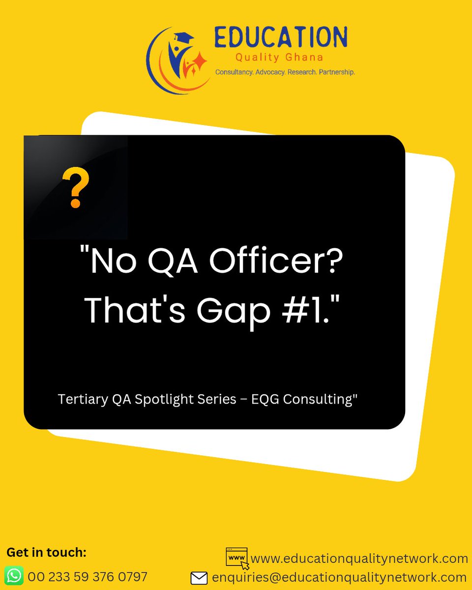 EduQNetwork's tweet photo. 🔄 TERTIARY QA SPOTLIGHT  - THIS WEEK'S RECAP

Gap 1: No QA Officer → no accountability.
Fix: Create the role. Add ToR

Gap 2: Accreditation expired without notice.
Fix: GTEC calendar + 90‑day reminders.

Which gap hits home? DM us.
@jojoodjidja

#TertiaryQA #EQGConsulting https://t.co/6Y1rWgdMuE