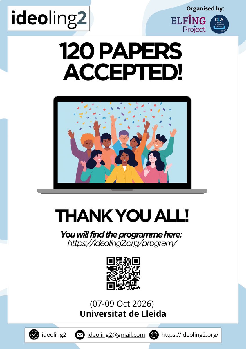 ideoling2's tweet photo. 🎉 We’re thrilled to announce that #Ideoling2 has received an incredible response with 120 papers accepted! 📚 Thank you to everyone who submitted. The preliminary programme is coming soon, so stay tuned! 🚀
You will find it here:⬇️
https://t.co/DHNF4uViTB
#research #ideologies https://t.co/3NI1sim4na