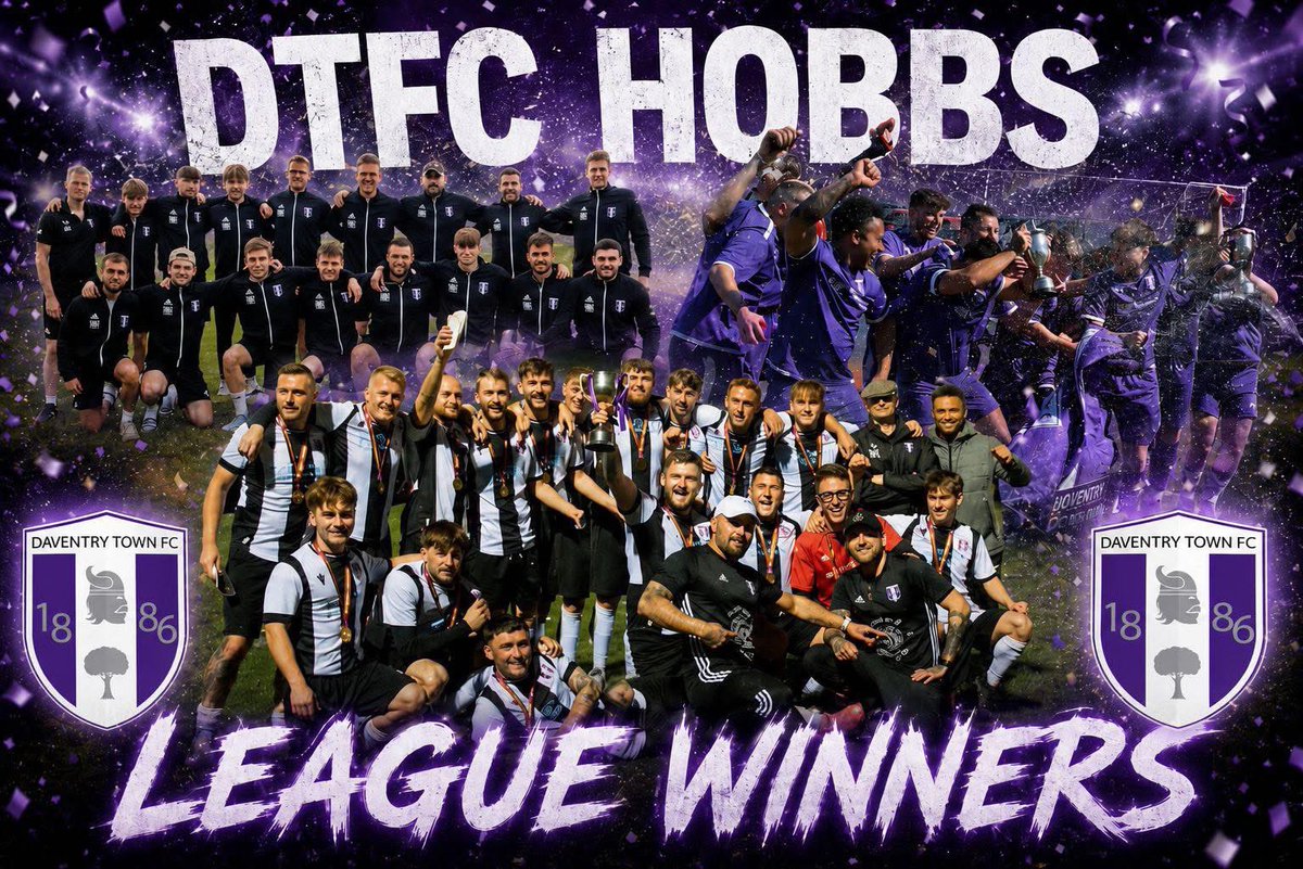DaventryTownFC's tweet photo. CONGRATULATIONS

The Hobbs were officially confirmed as Division 2 Champions for the 2025/26 season.

Read an in depth review of the season at the link below 
https://t.co/wfEwbbAX1L

WELL DONE ALL 👏🏻💜 https://t.co/O25eOAiItz