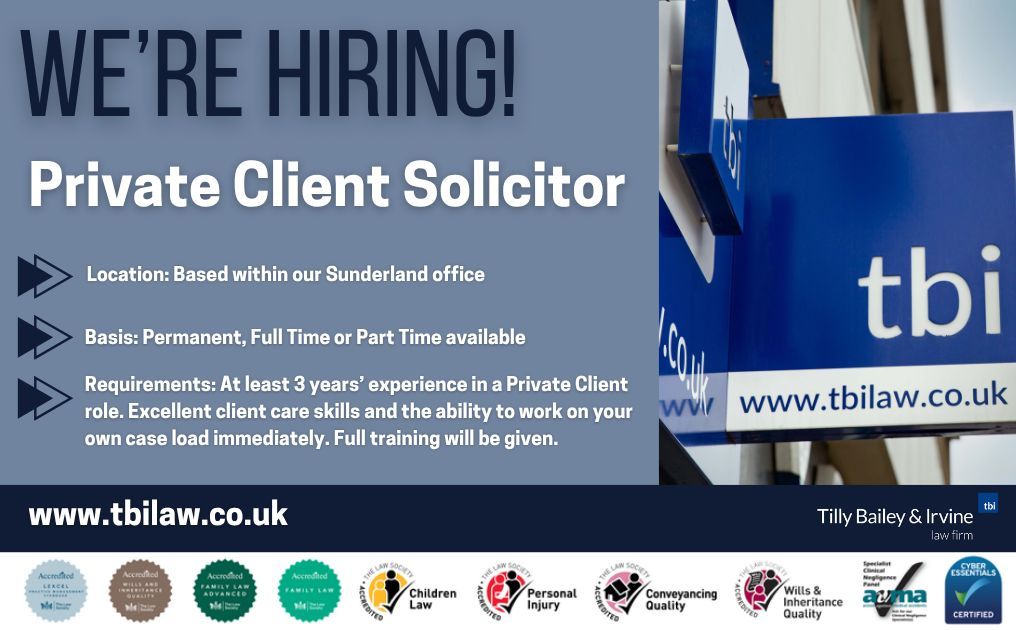 tbilaw's tweet photo. We are looking for a Solicitor or Chartered Legal Executive for our friendly and growing office in Sunderland.

More information about the role and details on how to apply can be found here: https://t.co/iETpFBmNP7 

#StrengthOnYourSide https://t.co/GDxi8BuxdN