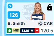 Reecefm's tweet photo. Well ended up trading in Bailey Smith finally 10 mins before the game so put him VC on debut ton run continues only player in this game so 126 decent #AFLFantasy @AFLFantasy https://t.co/Ma15A7fdkx