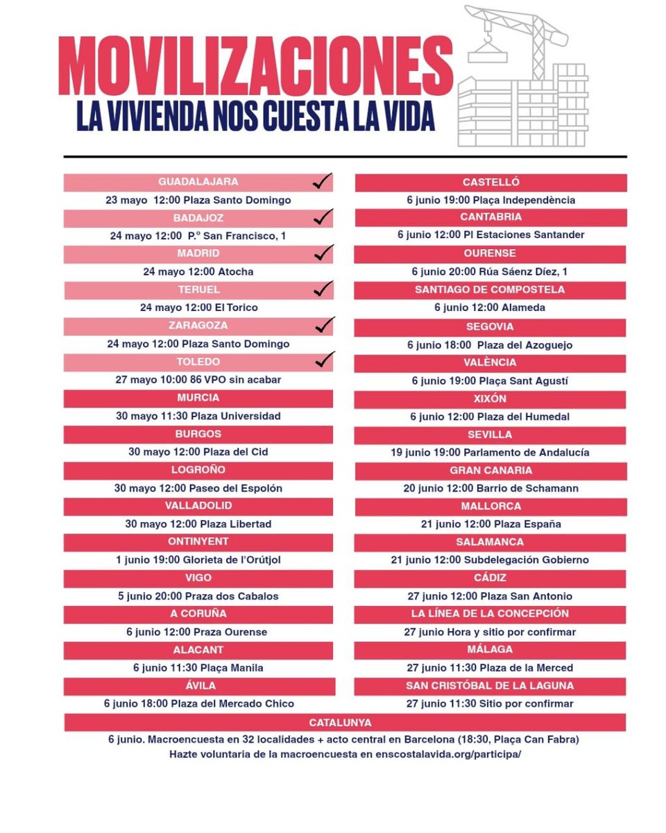 InquilinatoMLG's tweet photo. 📣 SIGUEN LAS MOVILIZACIONES 

La vivienda nos cuesta la vida 🏠

Busca la fecha de tu ciudad y acude a manifestación por la vivienda 

Seguimos construyendo autoorganización inquilina 🔑

#NosQuedamos https://t.co/3m7tLyxJMp