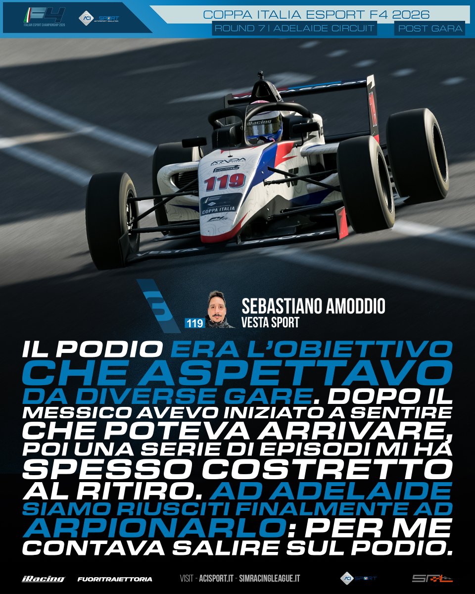 SimRacingLG's tweet photo. Le parole di Sebastiano Amoddio dopo Adelaide: un podio inseguito da diverse gare e finalmente conquistato nell’ultimo round della Coppa Italia ACI Esport Formula 4 2026 iRacing.

#ACIESport #Formula4 #iRacing https://t.co/dBFJ8nlKcV
