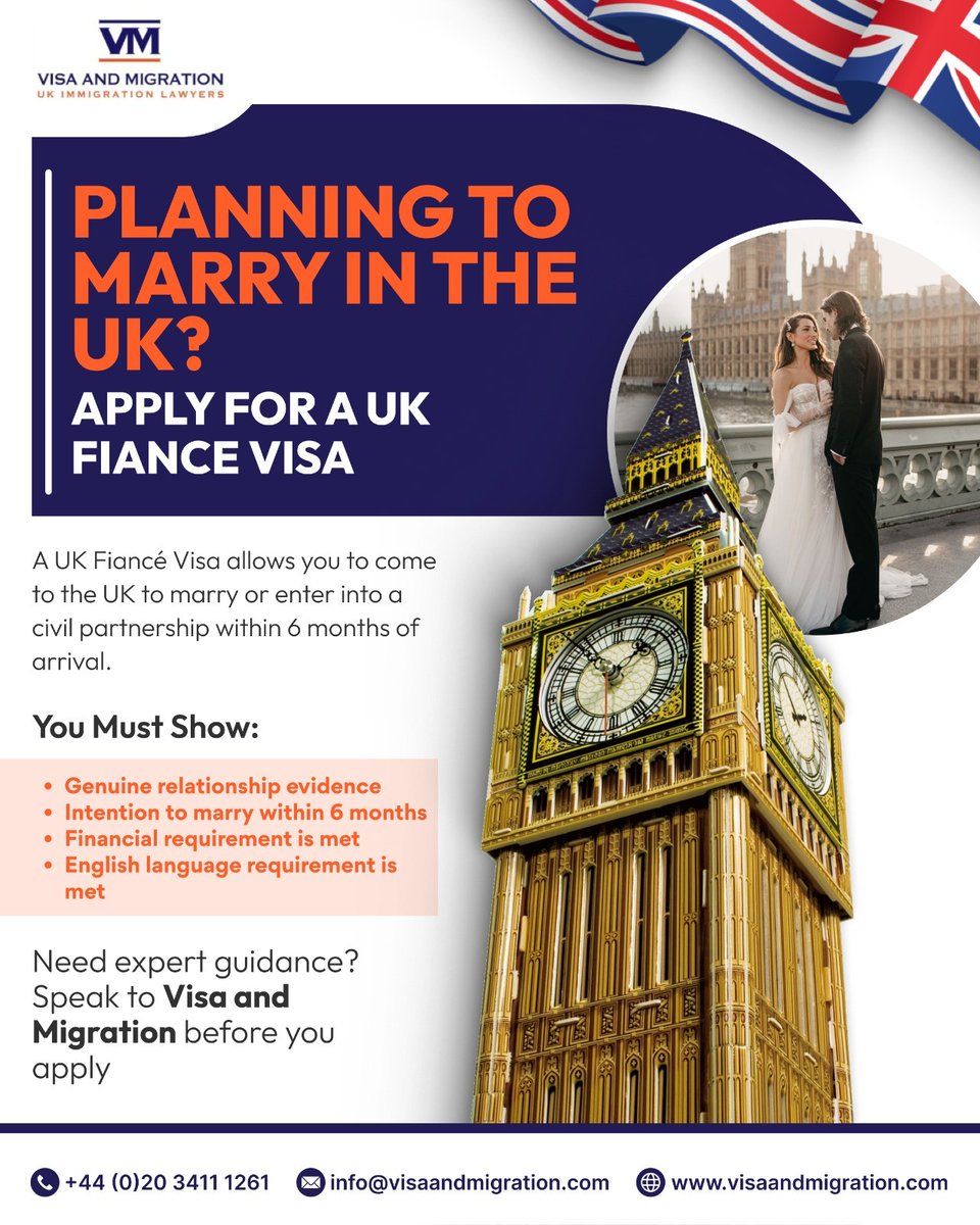 visamigrationuk's tweet photo. Planning to marry your partner in the UK? The UK Fiancé Visa is designed for couples who intend to marry or enter into a civil partnership in the UK within 6 months of arrival.

#UKFianceVisa #FianceVisaUK #UKPartnerVisa #VisaAndMigration https://t.co/uoKKYjAEa7